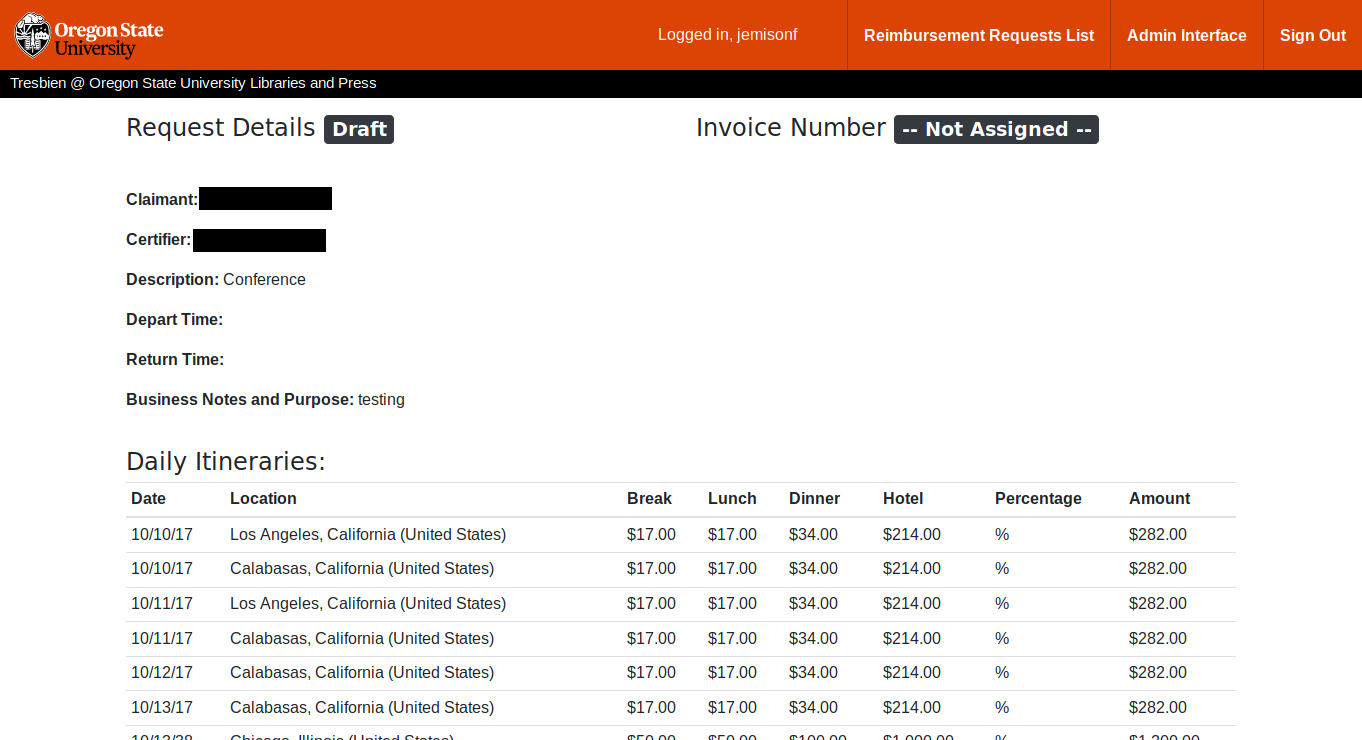 Tresbien view screen for travel reimbursements